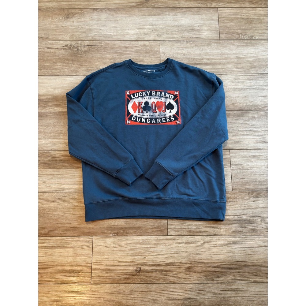 Lucky Brand Dungarees Graphic Sweatshirt Blue Mens XL Playing Cards Crewneck